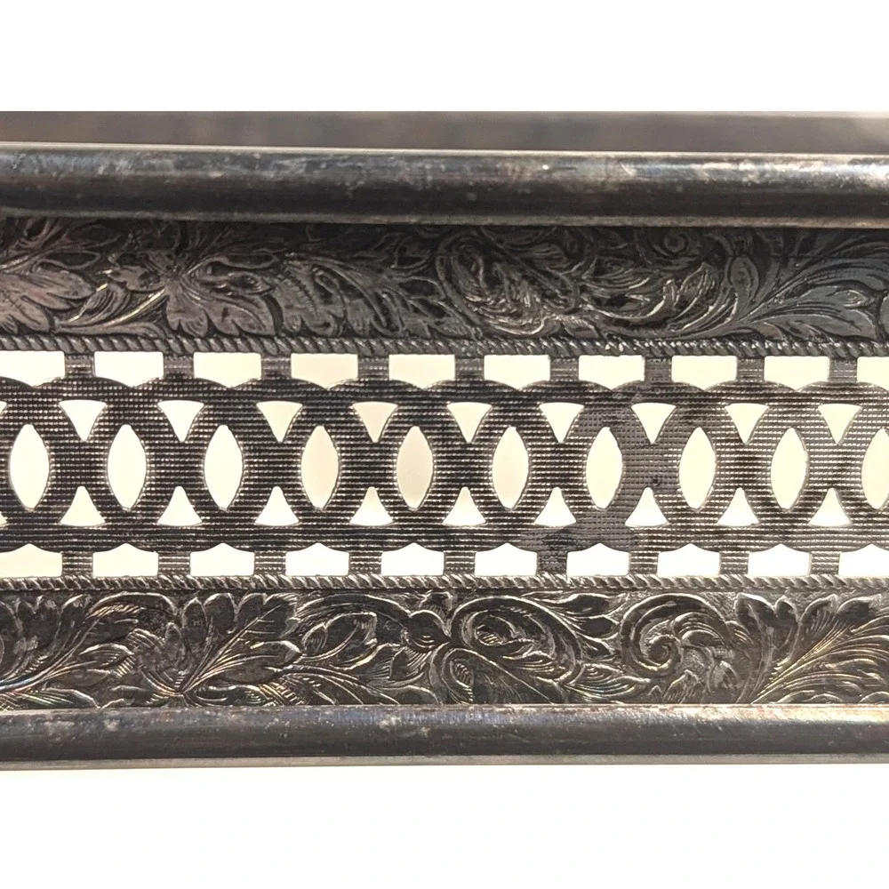 MCM Vtg Silver Plate Rectangular Gallery Tray Stand Pierced Reticulated Paw Feet